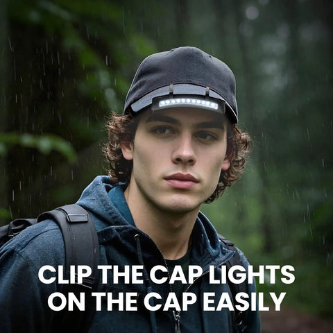 Man wearing a hat with 12 Pack Hat Clip Light With 11 LED Cap Lights Clip On Hat Up To 400 Lumens IPX5 Waterproof Hands Free Flashlight