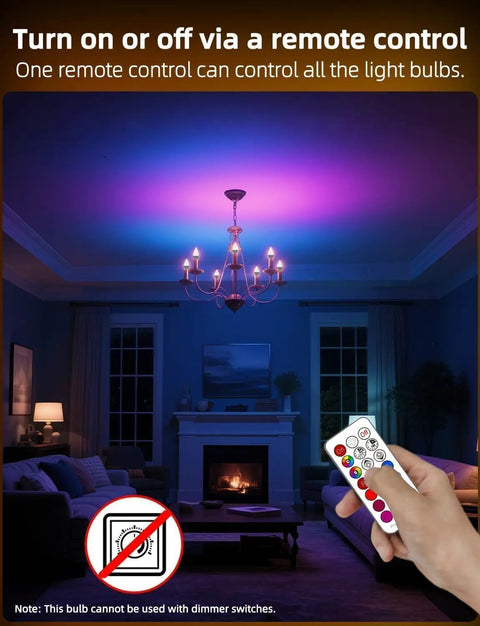 Living room with Color Changing LED E12 Candelabra Bulbs With Remote Plug In 120V RGB Plus 2700K illuminating a chandelier