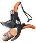 Eight Point Five Inch Stepless Handle Pruning Shears Bypass Garden Clipper with SK5 Steel Blades cutting a branch, bright orange handle