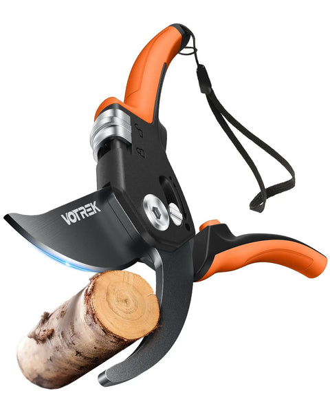 Eight Point Five Inch Stepless Handle Pruning Shears Bypass Garden Clipper with SK5 Steel Blades cutting a branch, bright orange handle