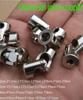 Heavy Duty 6mm Metal Universal Joint Shaft Coupler For RC Car Gimbals And Motor Connexions Fits 2 To 10mm Sizes laid out in hand.