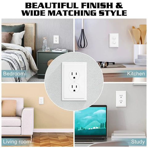 Modern Edge White 1 Gang Wall Plate Cover in living room, kitchen, bedroom, and study setups, showcasing clean lines and polycarbonate durability
