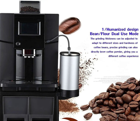 Fully Automatic Espresso Coffee Machine With Built In Grinder And Brewer Dual Bean Or Powder Mode For Lattes And Cappuccinos Auto Clean System sleek black design with dual use grind chamber.