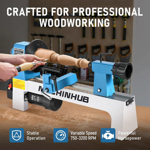 Woodworker using Compact Benchtop Wood Lathe 8x12 Inch Bed 1/3 HP With Infinitely Variable Speed 750-3200 RPM MT1 Spindle