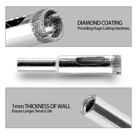 Close-up of 15 Pack Heavy Duty Diamond Drill Bits showing diamond coating and 1mm wall thickness for durability.