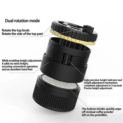 Premium Geared Espresso Needle Distributor With Reliable Magnetic Base For Home Baristas 51mm Portafilter Stirrer disassembled view showing dual rotation mode.