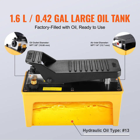 10,000 PSI Air Hydraulic Pump With Aluminum Shell, Foot Treadle Actuated, 0.42 Gal Reservoir, NPT 3/8 Inch Outlet, NPT 1/4 Inch Inlet, Beefy Shop Ready Auto Repair Frame Machine And Hydraulic Press Workhorse
