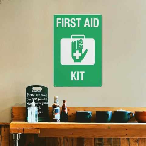 Emergency Medical Supplies Sign For Office, Shop, Or Home Use Rugged 8x12 Inch Aluminum Warning Plate in green with first aid icon