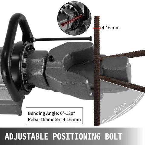 Happybuy Portable Electric Rebar Bender, 900W Hydraulic Powerhouse bends 4-16 mm rebar at 0°-130° angles with adjustable positioning bolt.