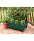 City Picker Raised Bed Planter With Self Watering System And Enhanced Aeration on a patio, Hunter Green with casters, full of plants