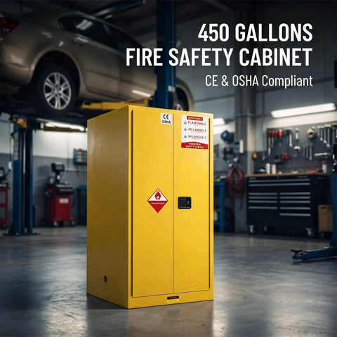 40 By 40 By 75 Inch Flammable Safety Cabinet 450 Gallon Heavy Duty 2 Door Fireproof Storage in a workshop setting