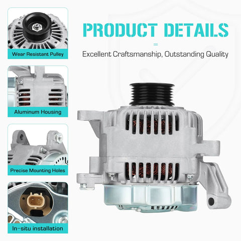 Rock Solid 4.7L Alternator Replacement For Dodge Dakota Durango And Jeep Grand Cherokee 1999 2000 Ready To Install Replaces 334-1338 56041324 56041324AC 400-52053 121000-4250 121000-4251 And Other OEM Numbers. Shown with details on pulley, housing, and mounting features.