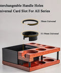Killer Solid Wood Coffee Tamping Station And Knock Box Organizer with interchangeable handle holes for 51-58mm filters.
