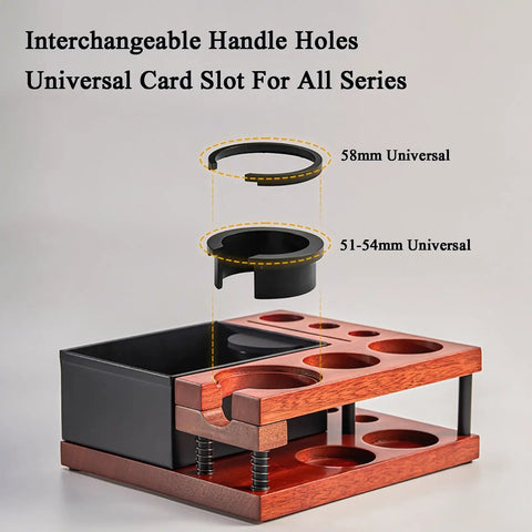 Killer Solid Wood Coffee Tamping Station And Knock Box Organizer with interchangeable handle holes for 51-58mm filters.