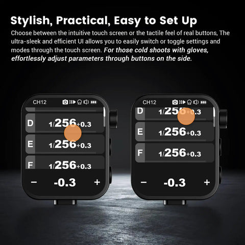 X3S Wireless Flash Trigger For Sony Cameras With 2.4G X System displaying OLED touchscreen interface and controls