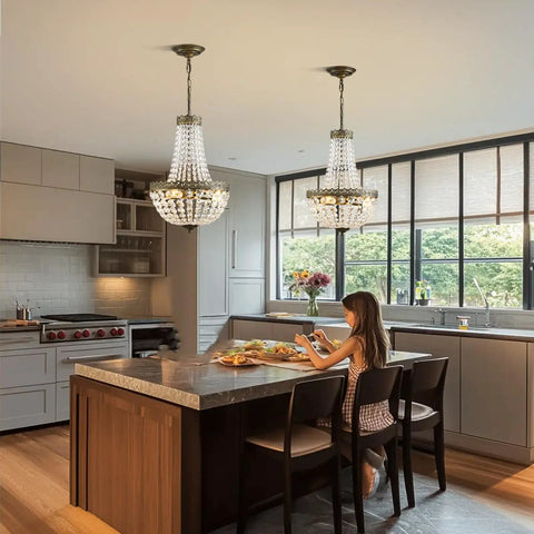 4 Light French Empire Mini Crystal Chandelier With Antique Brass Finish, Glam Crystal Cascade Farmhouse Pendant Lighting in kitchen