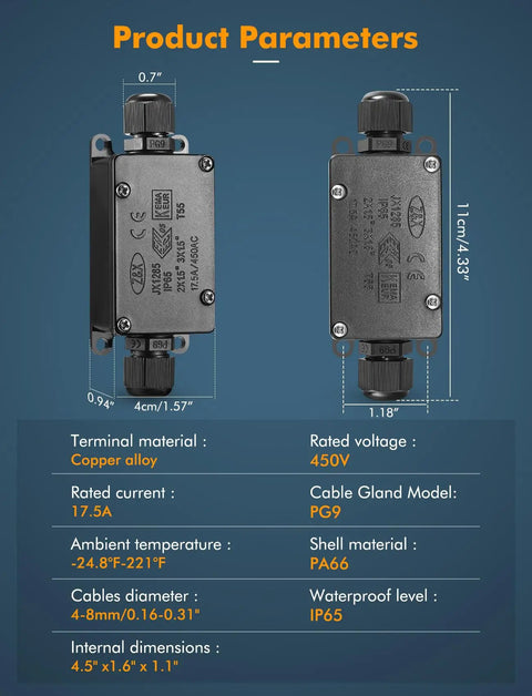 Eight Pack IP65 Waterproof Junction Box Kit With Two Way PG9 Connectors For Outdoor Electrical Projects dimensions and specs
