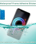 Waterproof frame adhesive sticker for iPhone, shown with an iPhone display submerged in water, demonstrating water resistance.