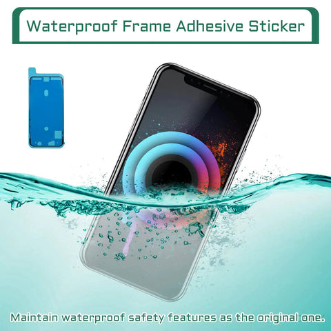 Waterproof frame adhesive sticker for iPhone, shown with an iPhone display submerged in water, demonstrating water resistance.
