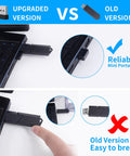 Comparison of wireless USB adapters, upgraded mini version shown plugged into a laptop, versus larger old version.