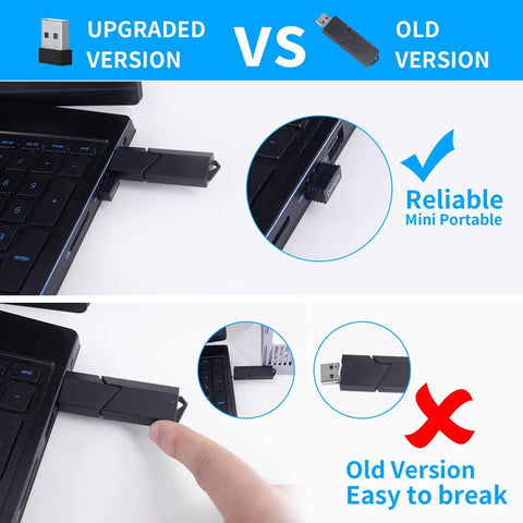 Comparison of wireless USB adapters, upgraded mini version shown plugged into a laptop, versus larger old version.