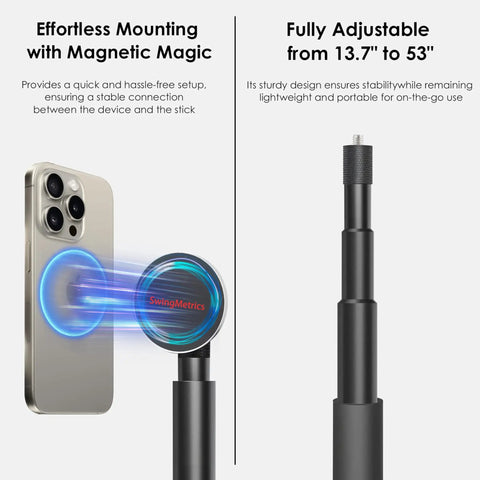 Magnetic Golf Monopod Selfie Stick With Metal Ground Spike 52 Inch Adjustable MagSafe Compatible Phone showing magnetic mount