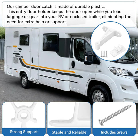 Heavy Duty RV Door Holder Clip Keeps Camper Entry Door Open In Windy Weather Wind Resistant 3 Inch White Door Catch