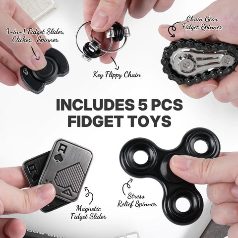 5 Pcs Fidget Toys Set For Adults With Magnetic Slider, Clicker, Spinner, Infinite Flipper, Tactile Chain And More, Stress Busting Kit