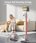 AIPOWAY 650W cordless vacuum cleaner, front view, red wand with clear dust canister.