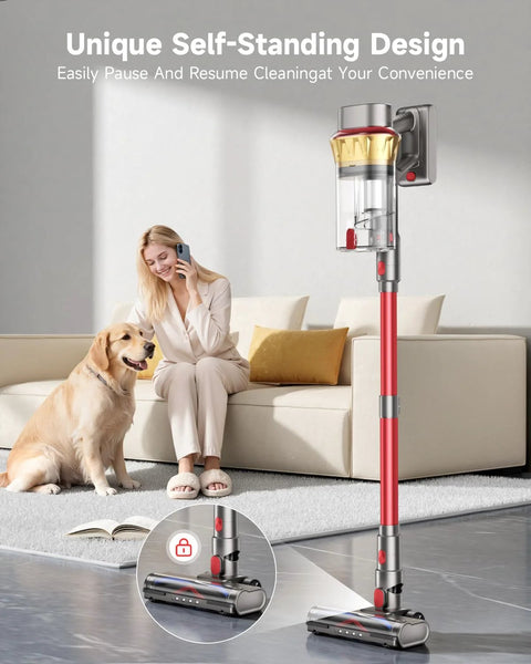 AIPOWAY 650W cordless vacuum cleaner, front view, red wand with clear dust canister.