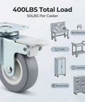 Top Shelf Heavy Duty 2 Inch Plate Casters Set Of 4 showcasing steel frame caster with gray TPE wheel and locking mechanism.