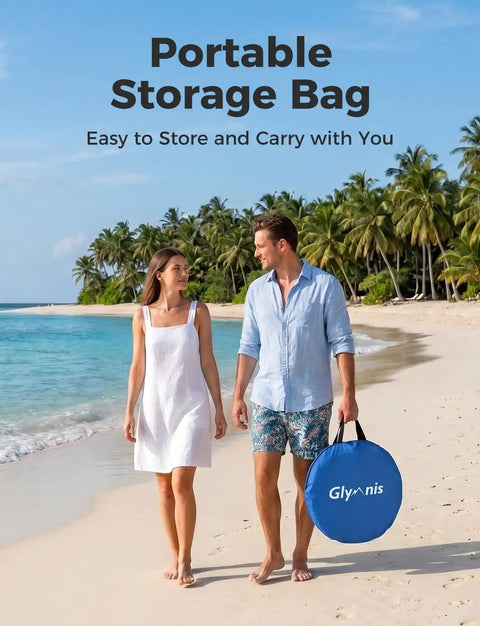 Couple on beach with portable storage bag for Pop Up Beach Tent Instant Portable Sun Shade Shelter For 1 To 2 People UPF Fifty Plus Protection