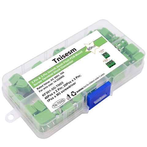 60 Pack Go-To 2 Pin and 3 Pin 5mm Pitch PCB Mount Screw Terminal Block Connectors Can Be Spliced Green for 14-22 AWG Wires Rated AC 300V 10A Easy To Install, boxed kit