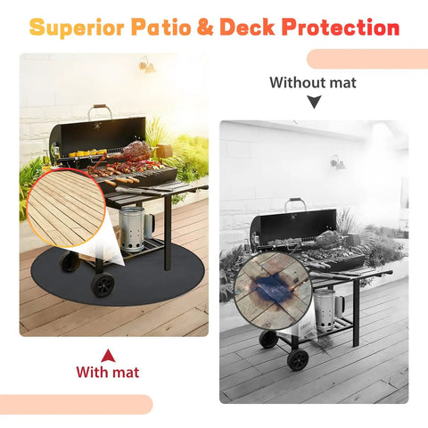 Comparison of grill with and without 47 Inch Round Fire Pit Mat For Outdoor Grills And Camping, Fireproof And Oilproof Under Grill Pad That Deflects Heat And Sparks.