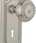 Egg And Dart Plate With Keyhole Meadows Knob For Double Dummy Doors, Satin Nickel Finish, Solid Forged Brass Plates With Lead Crystal Knobs.