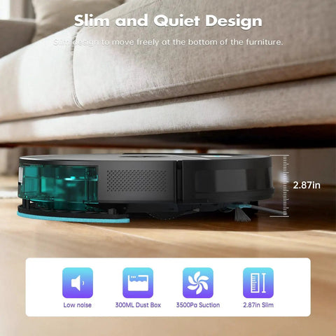 Side view of Robot Vacuum And Mop Combo With 3500Pa Suction, Kickass WiFi App Control And Remote, low under couch, hardwood floor.