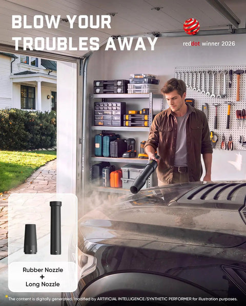 Man using Straight Up Lightweight Cordless Leaf Blower With Three Speed Settings And Fast Type C Charging on car hood for cleaning.