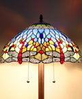 Blue Tiffany Style Floor Lamp 64 Inch Tall With Stained Glass Shade showing intricate dragonfly and jewel pattern