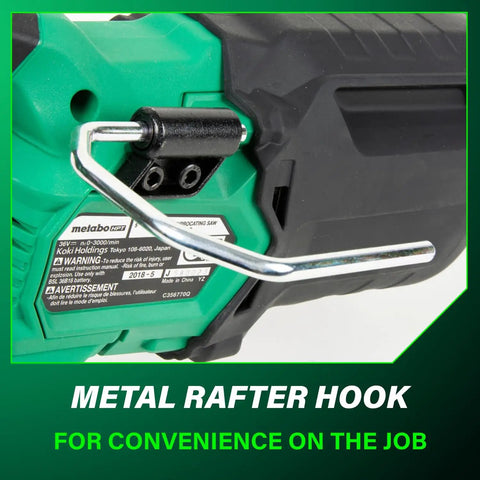Close-up of metal rafter hook on Cordless Reciprocating Saw With 36V MultiVolt, 4-Stage Speed Selector Range 1,700 To 3,000 SPM