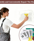 Woman using Essential 25 Piece Drywall Patch Repair Kit With 4, 6, 8, And 10 Inch Patches Plus Scrapers, Sandpapers, and Gloves