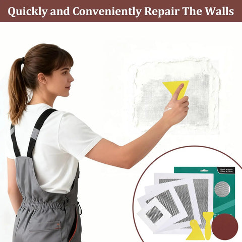 Woman using Essential 25 Piece Drywall Patch Repair Kit With 4, 6, 8, And 10 Inch Patches Plus Scrapers, Sandpapers, and Gloves