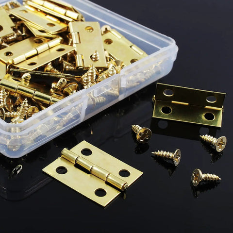 Nifty Mini Brass Hinges 18 X 15 Mm Bulk Pack Of 30 Rock Solid Vintage Hardware for jewelry boxes with screws in a clear container.
