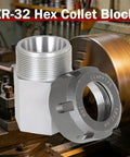 ER-32 Hex Collet Block Holder for CNC Lathe and Engraving Machines, precision ground tool steel, displayed on a lathe, collet nut included