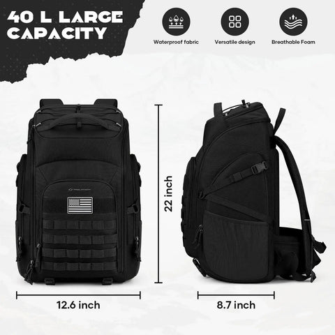 Tactical Backpack For Men 40L Water Resistant With Molle System For Hiking Camping And Gym, side and front view with dimensions.