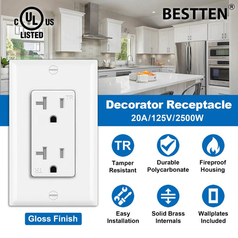 10 Pack 20 Amp Decor Wall Receptacles With Tamper Resistant Shutters, Wall Plate in Kitchen Background