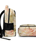 Side view of Dope Botanical Rose Sprig Printed Unisex Backpack with Large Capacity, showing durable polyester and vintage rose pattern