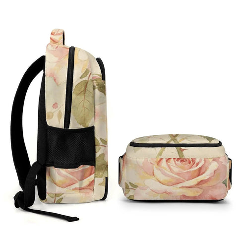 Side view of Dope Botanical Rose Sprig Printed Unisex Backpack with Large Capacity, showing durable polyester and vintage rose pattern