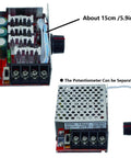 Image showcasing a 7 to 70V PWM DC Motor Speed Controller 30A with Onboard Stop and Brake Switch Adjustable Potentiometer, 15cm in size, highlighting detachable potentiometer.