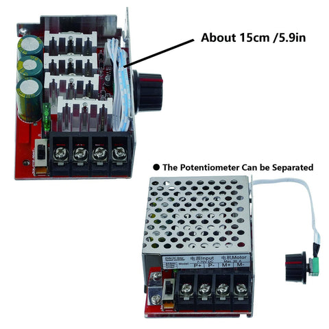 Image showcasing a 7 to 70V PWM DC Motor Speed Controller 30A with Onboard Stop and Brake Switch Adjustable Potentiometer, 15cm in size, highlighting detachable potentiometer.
