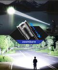 Ultra Bright LED Flashlight With 100000 Lumens Rechargeable 10800mAh Battery Zoomable Focus shown in night outdoor setting